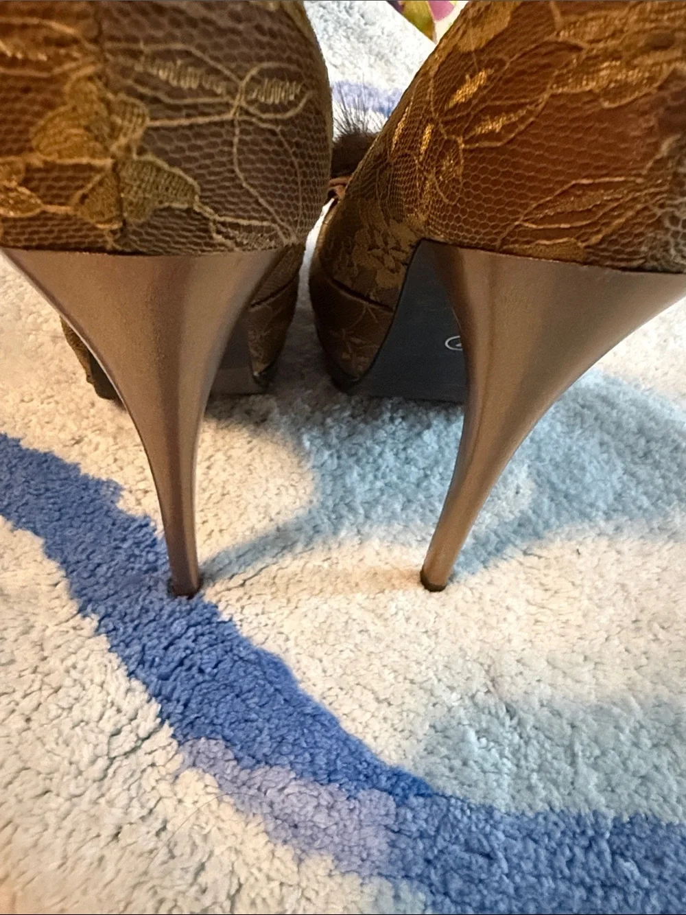 2 Lips Too Brown Fur Pom-Pom Heels with Crystal Cluster